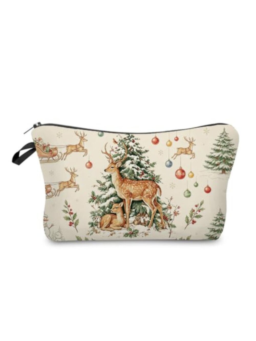 Polyester Cosmetic Bag Vintage Christmas Deer Zipper Travel Toiletry Pouch